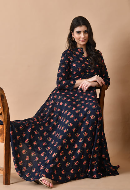 Jaipurite Long Flared Printed Gown in Dark Blue