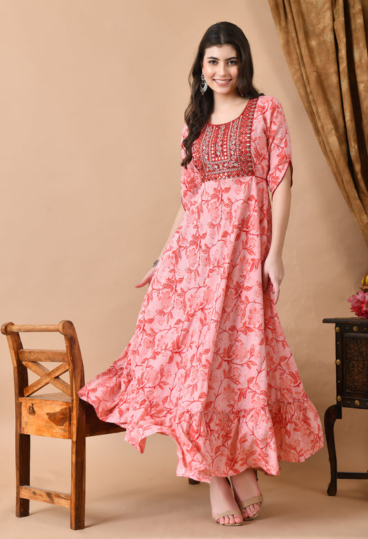 Jaipurite Embroidered Long Anarkali kurta in Pink