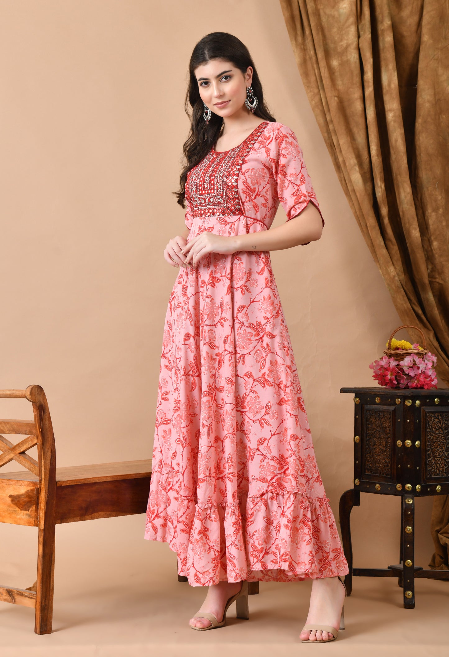 Jaipurite Embroidered Long Anarkali kurta in Pink