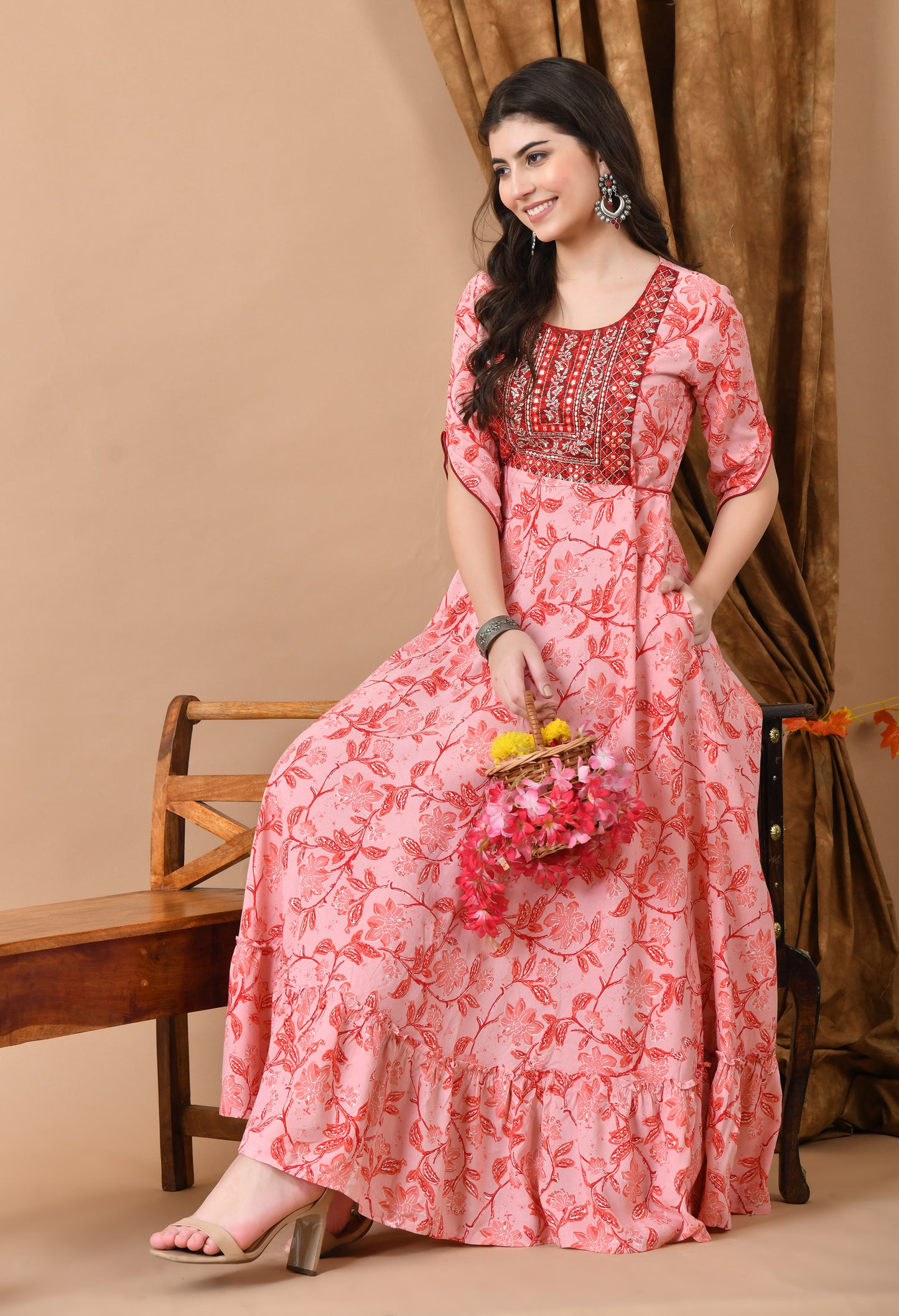 Jaipurite Embroidered Long Anarkali kurta in Pink