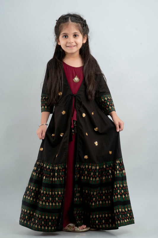 Cutiediva Girls Embellished Anarkali Kurta in Black & Maroon