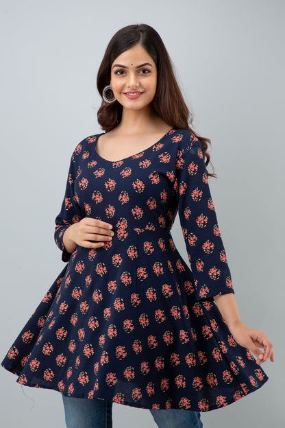 Jaipurite Floral Printed Tunic In Blue