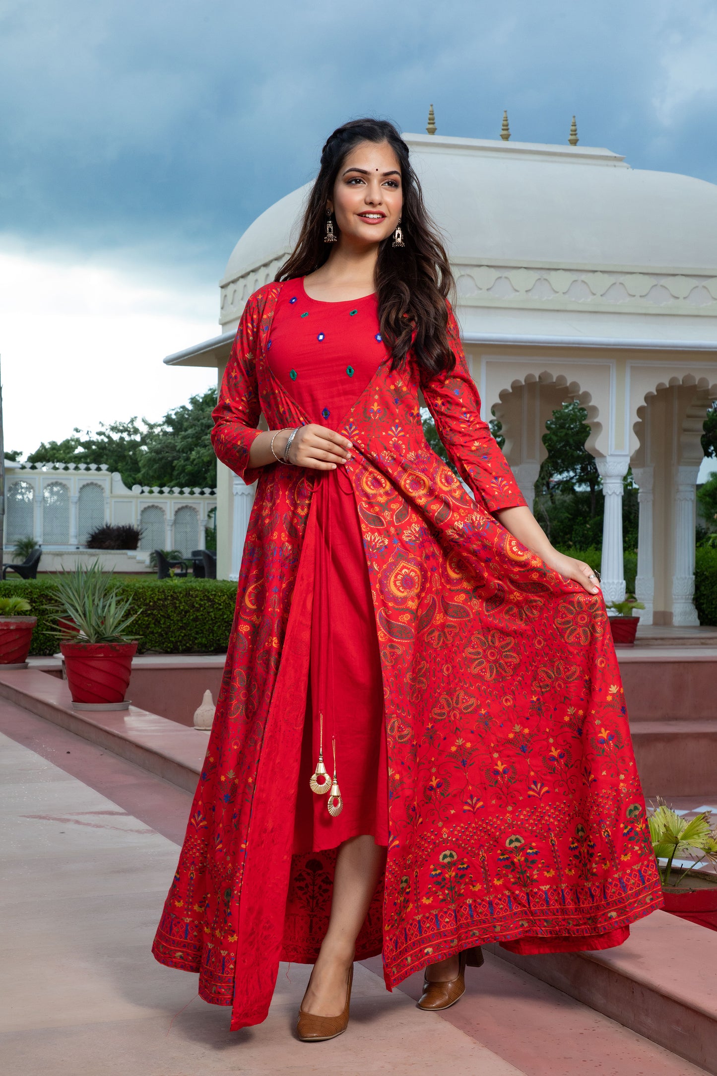 Jaipurite Embroidered Red Party Wear Long Kurta