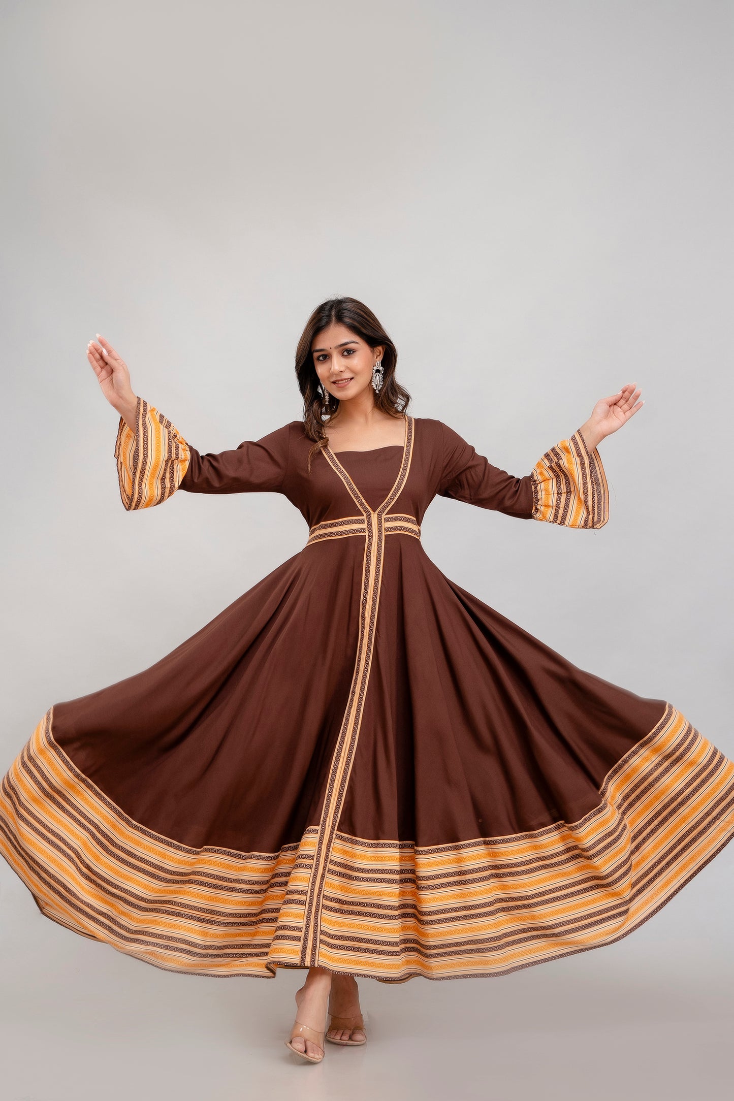 Jaipurite Long Flared Printed Kurta in Brown