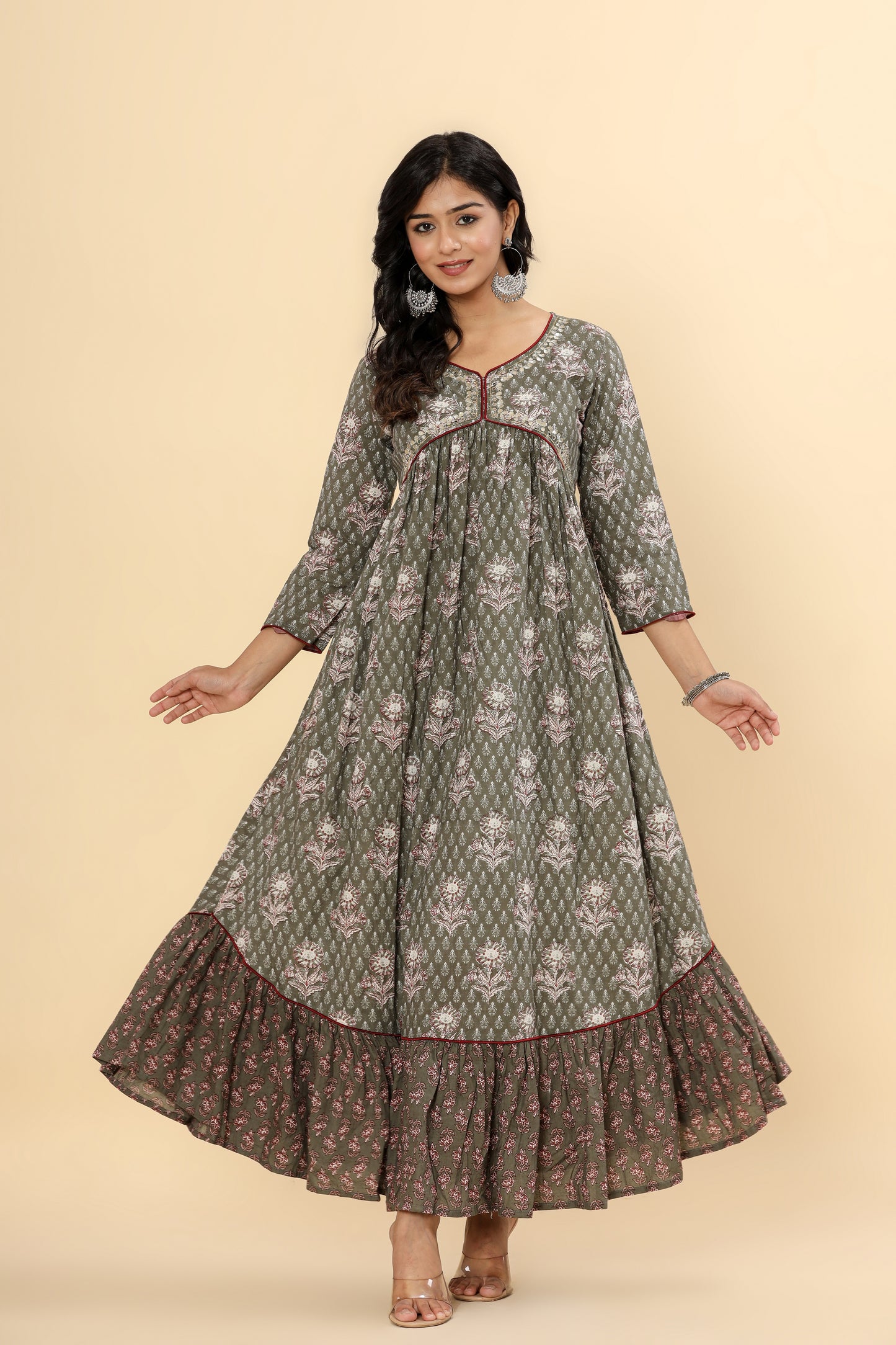 Women Printed Pure Cotton Anarkali Kurta in Green