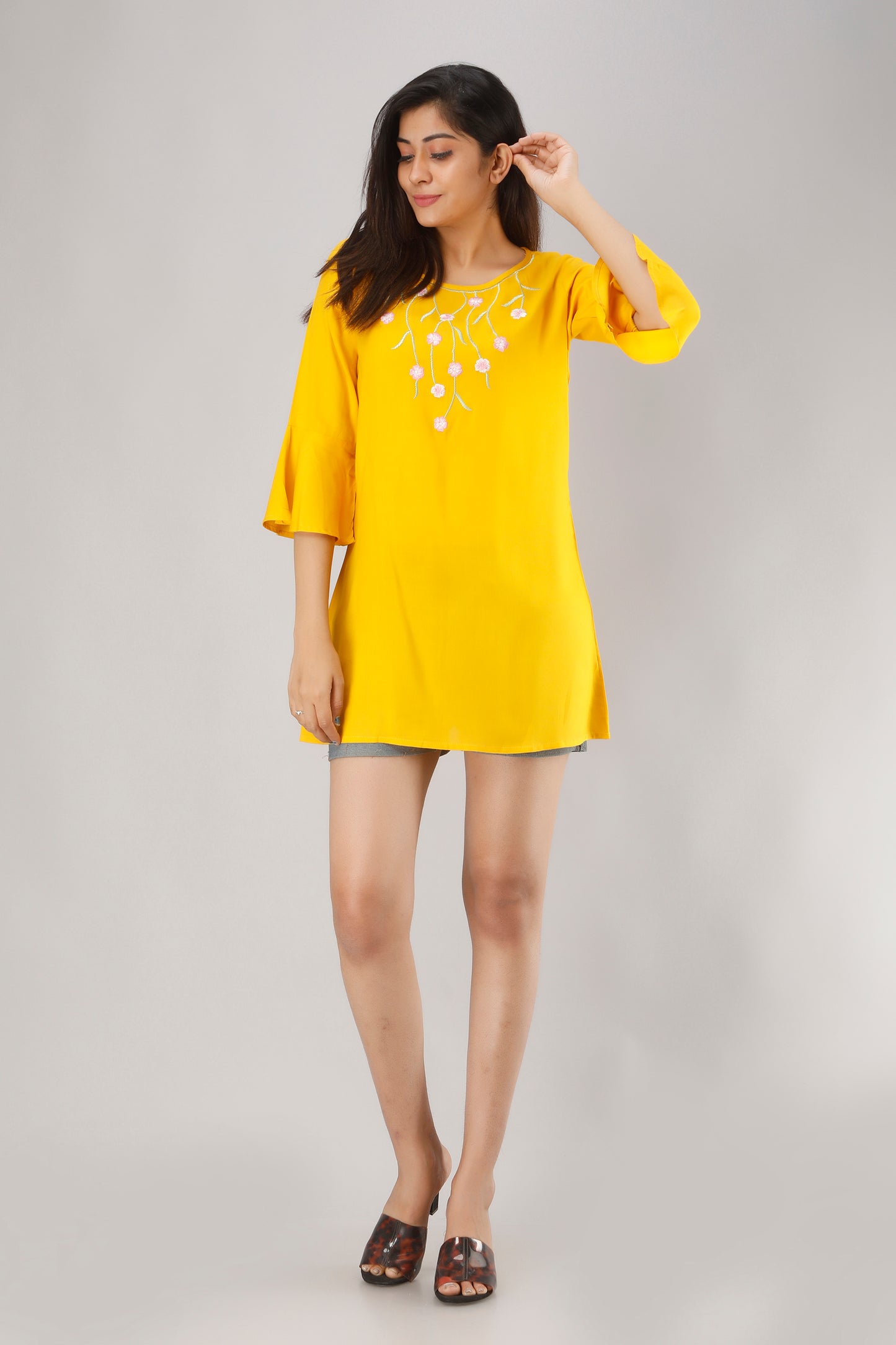 Jaipurite  Rayon Embroidered Tunic in Yellow