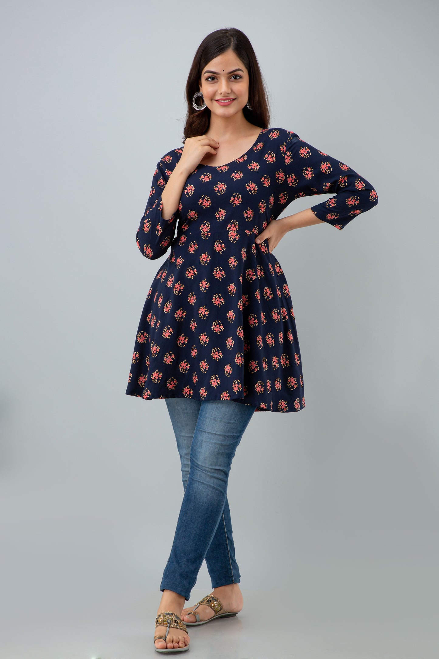 Jaipurite Floral Printed Tunic In Blue