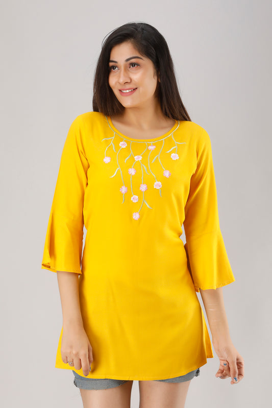 Jaipurite  Rayon Embroidered Tunic in Yellow
