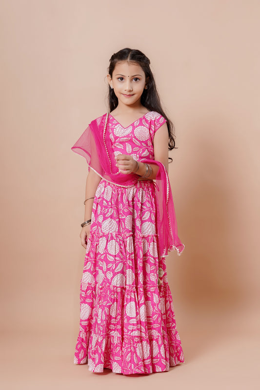 Girls Pink Floral Print Lehenga & Choli Set With Dupatta