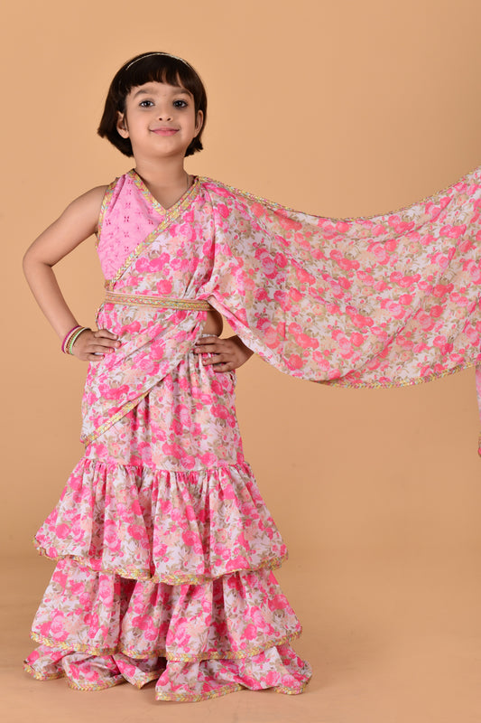 Cutie Diva Pink Georgette Saree With Schiflli Blouse For Girls