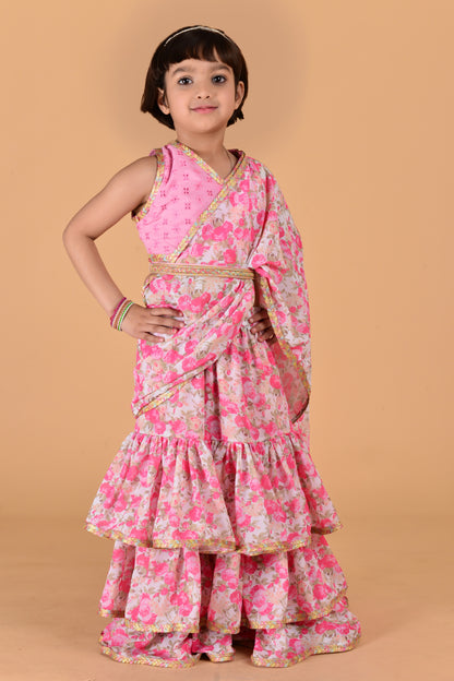 Cutie Diva Pink Georgette Saree With Schiflli Blouse For Girls