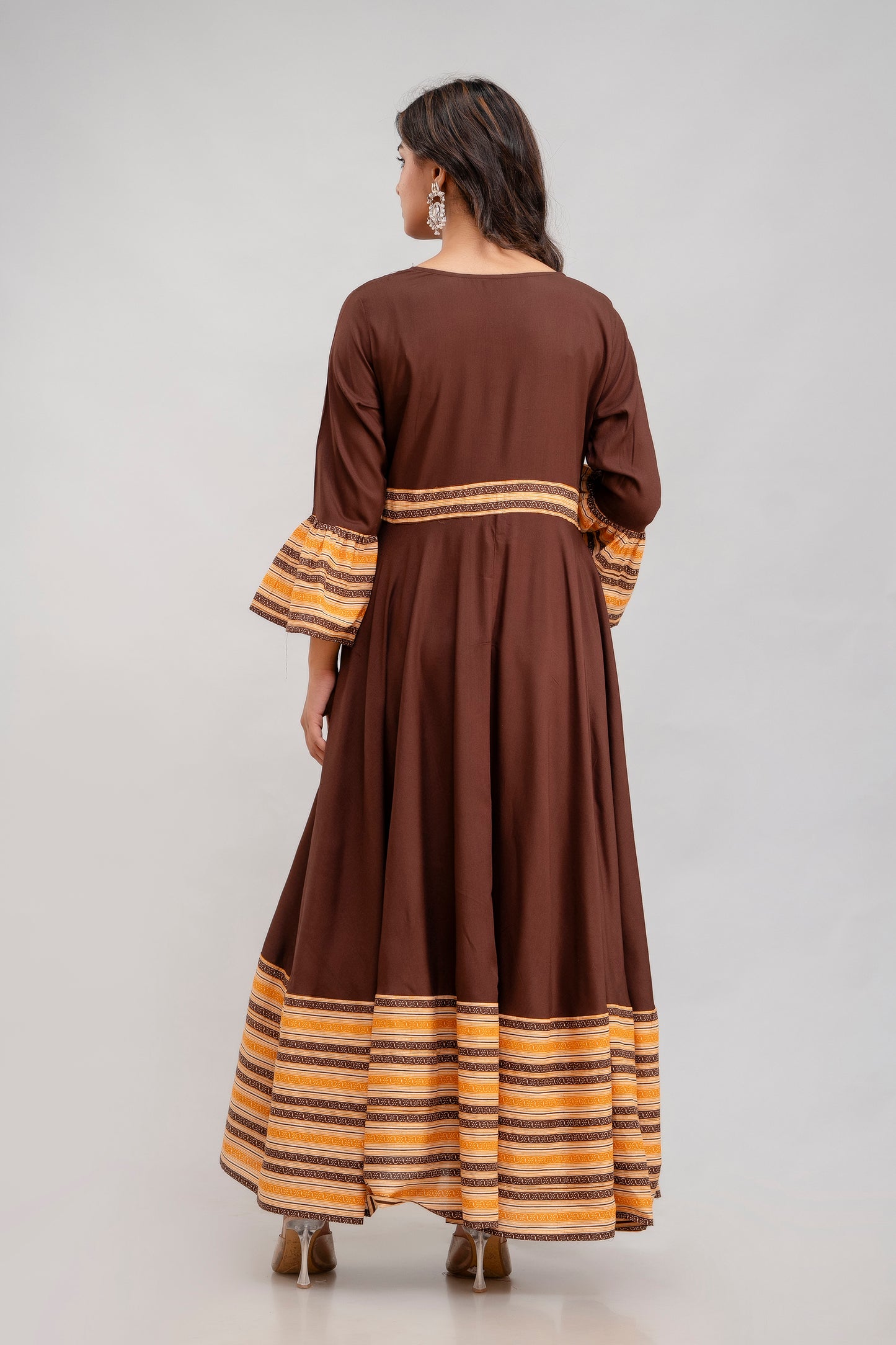 Jaipurite Long Flared Printed Kurta in Brown