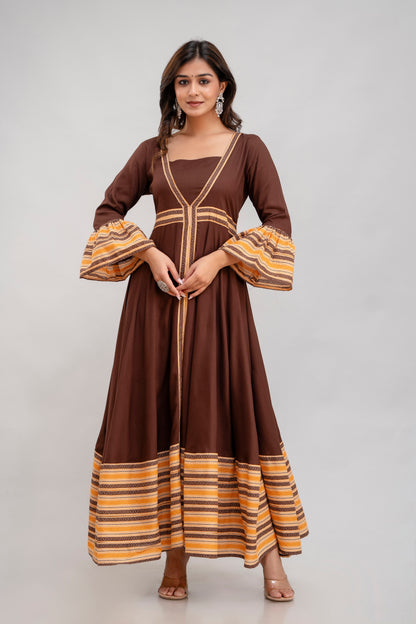 Jaipurite Long Flared Printed Kurta in Brown