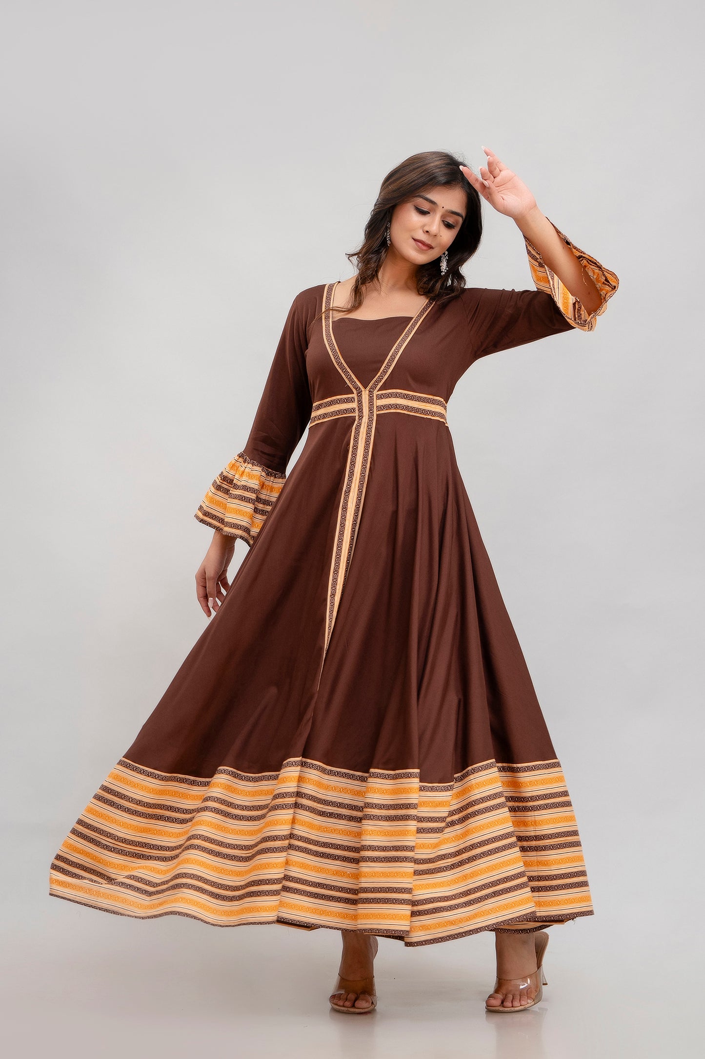 Jaipurite Long Flared Printed Kurta in Brown