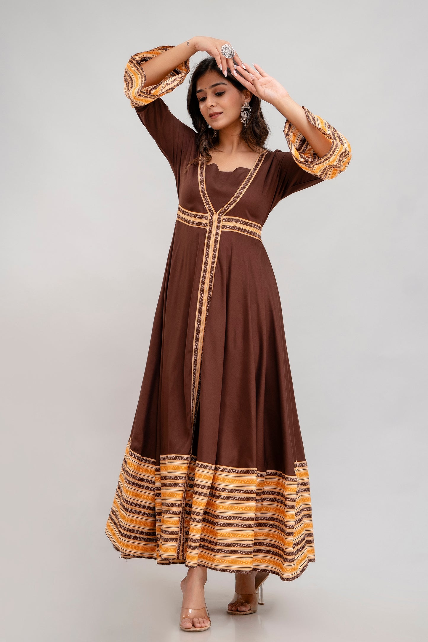 Jaipurite Long Flared Printed Kurta in Brown