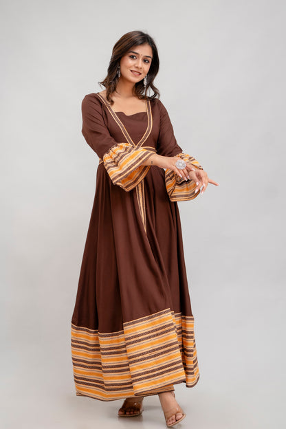 Jaipurite Long Flared Printed Kurta in Brown