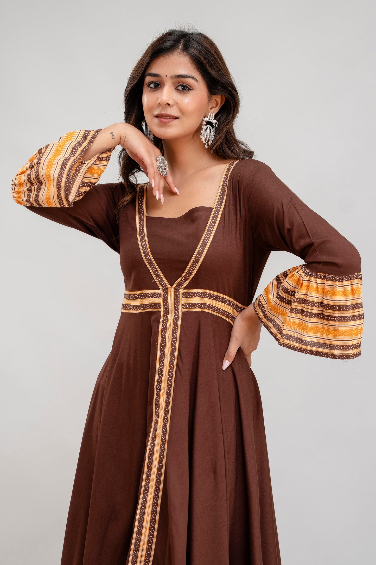 Jaipurite Long Flared Printed Kurta in Brown