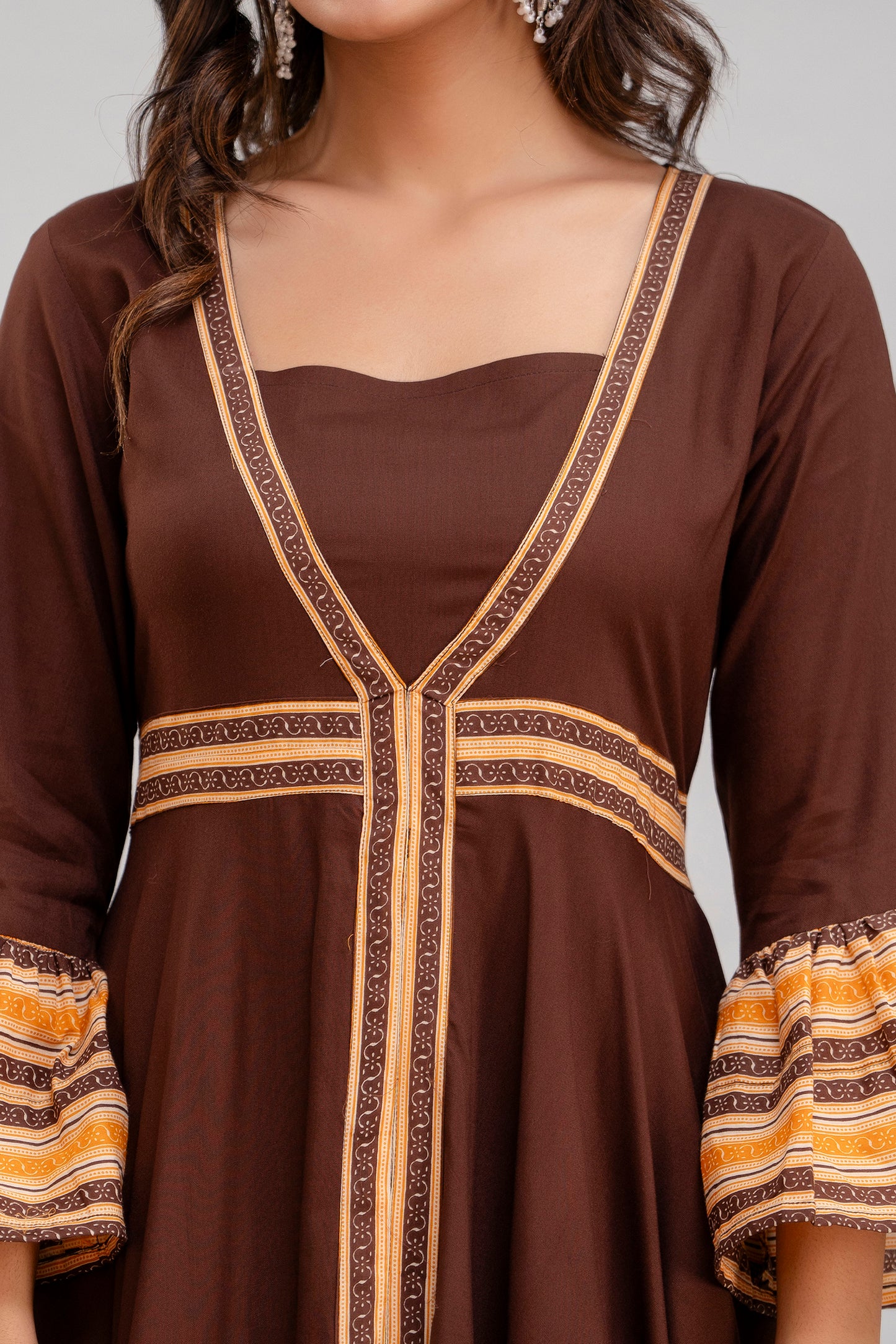 Jaipurite Long Flared Printed Kurta in Brown