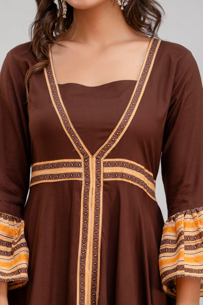 Jaipurite Long Flared Printed Kurta in Brown