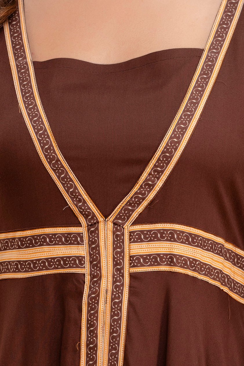 Jaipurite Long Flared Printed Kurta in Brown