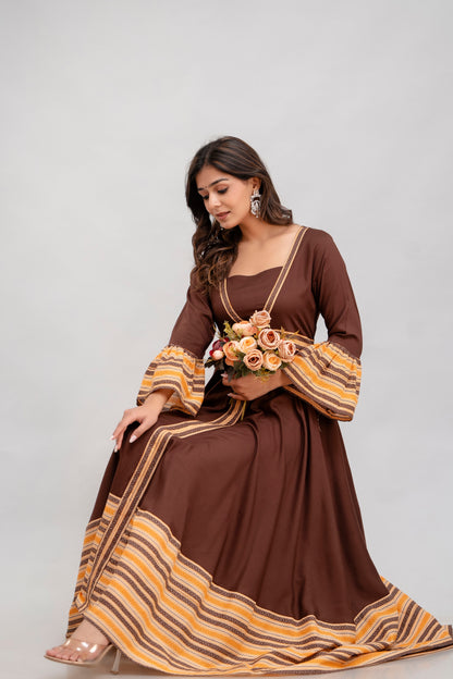 Jaipurite Long Flared Printed Kurta in Brown