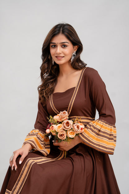 Jaipurite Long Flared Printed Kurta in Brown