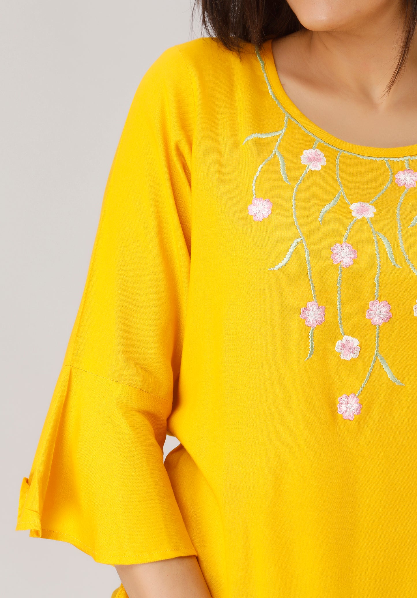 Jaipurite  Rayon Embroidered Tunic in Yellow