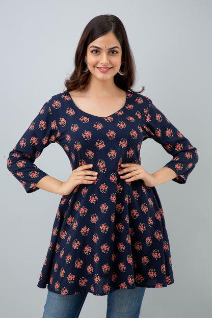 Jaipurite Floral Printed Tunic In Blue